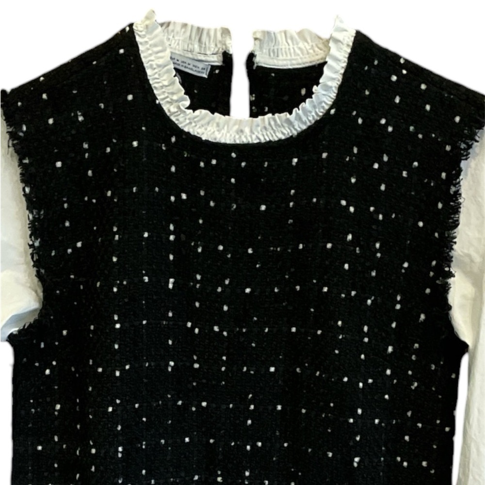 Zara Tweed Dress Black White Mini Bishop Sleeves Medium Work Office - Picture 4 of 7